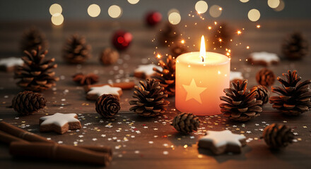 Festive holiday decoration with candle and pinecones