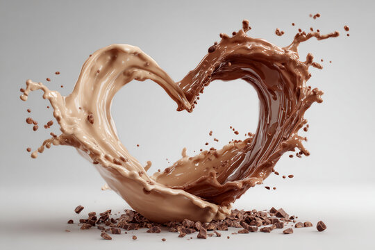 two streams of molten chocolate blend into a heart shape with small chocolate pieces scattered around