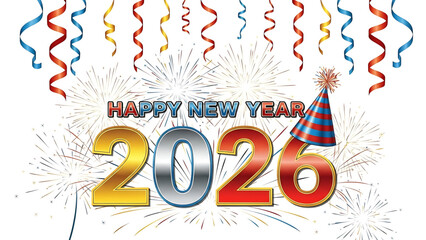 Festive Happy New Year 2026 celebration graphic on bright white backdrop