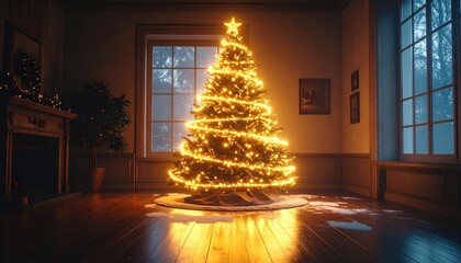 Illuminated Christmas Tree Adorned With Golden Lights Standing In A Cozy Room With Large Windows Showing A Winter Scene Outside And Sparkly Reflections On The Wooden Floor