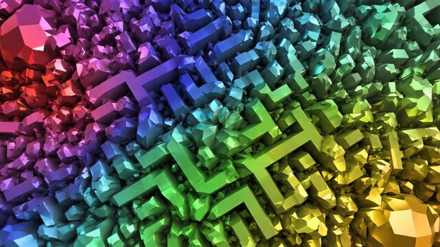 Seamless loop transition where a grayscale abstract geometric pattern smoothly increases its color saturation to achieve full vibrant chromatic depth design, colorization, saturation