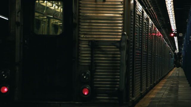 Commuters enter and exit the subway at Spring Street, NYC, before the train departs. Authentic 2013 metro atmosphere.