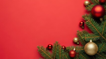 Festive christmas arrangement with fir branches and ornaments on a red background for holiday greetings
