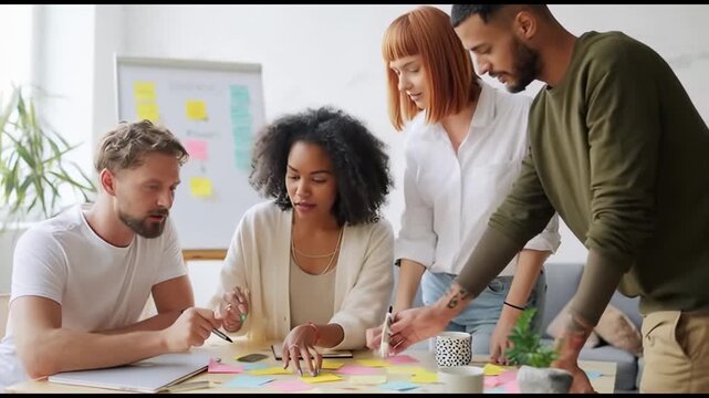 Multiethnic group of young professionals collaborating on a new project, managing tasks and deadlines by organizing colorful sticky notes during an intense brainstorming session in a modern office