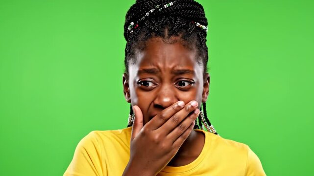 shocked african american girl covering mouth with hand. portrait of surprised teenager with wide eyes against green screen background. chroma key, emotion concept.