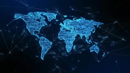 Holographic Digital World Map with Global Network Connections, Rotating Blue Particles - Powered by Adobe
