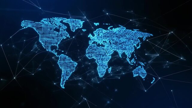 Holographic Digital World Map with Global Network Connections, Rotating Blue Particles