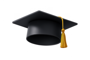 A classic black graduation cap with a golden tassel hangs elegantly isolated on a transparent background symbolizing academic achievement and success isolated on transparent background