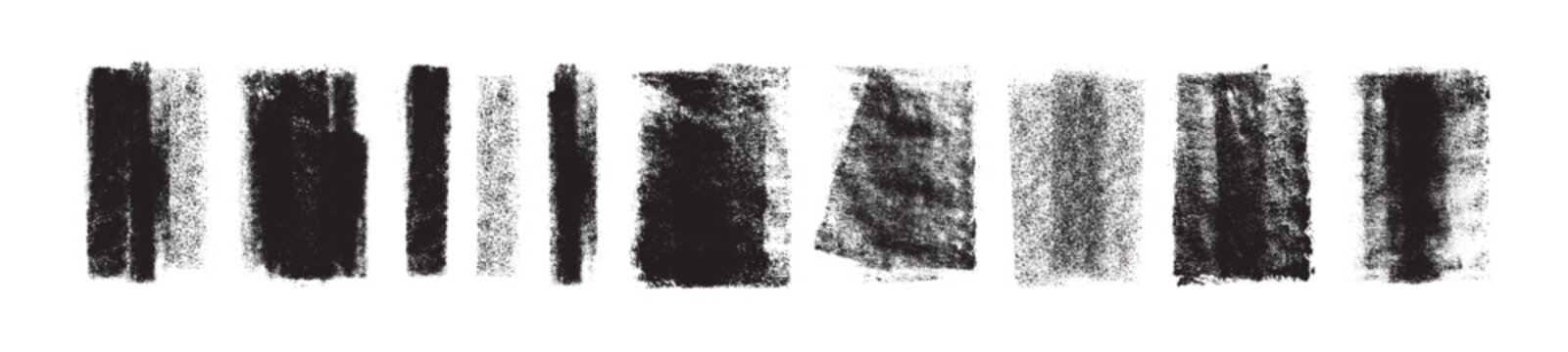 A set of grunge stamp textures, black paint with a roller texture. Vintage dirty rectangular backgrounds, linocut prints, embossed noisy surfaces, vector illustrations on a transparent background.