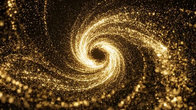 ﻿Seamless looping abstract background of flowing golden particles radiating energetic light across a dark field digital, power, particle system