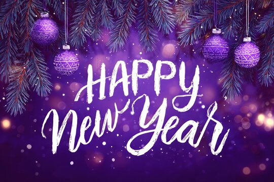 Happy new year greeting card with purple ornaments and festive bokeh lights - Powered by Adobe