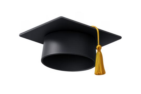 A classic black graduation cap with a golden tassel hangs elegantly isolated on a transparent background symbolizing academic achievement and success isolated on transparent background