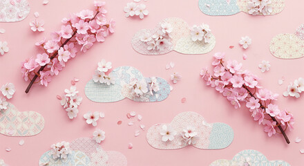 Floral pattern with cherry blossom branches and decorative cloud shapes on pink background