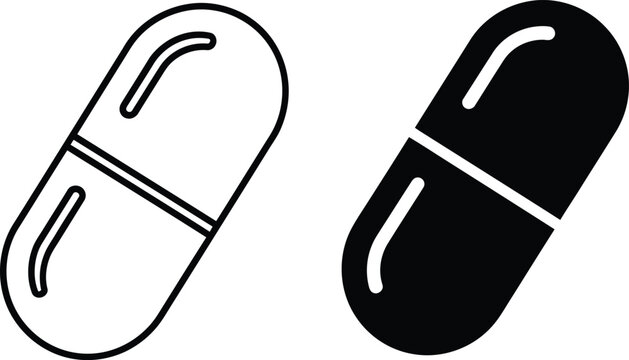Two capsule icons one outline one solid vactor black on white background pill medicine