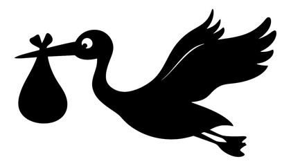 Black silhouette of a stork carrying a baby in a bag with a bow tie