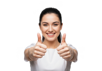 A young woman with a bright smile and dark hair gives two enthusiastic thumbs up gesture isolated on transparent background