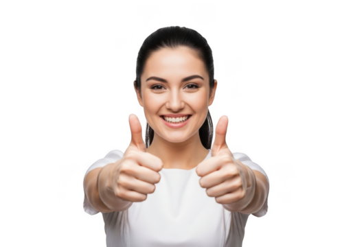 A young woman with a bright smile and dark hair gives two enthusiastic thumbs up gesture isolated on transparent background