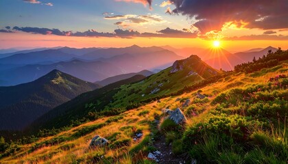 Fototapeta premium Majestic Mountain Sunset with Golden Hues and Rolling Hills.