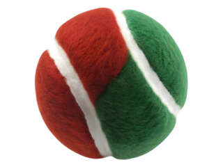 Felted pet toy ball with red and green sections and white stripes isolated on transparent background