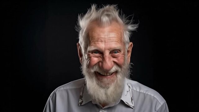 Old senior man with messy hair and beard laughing loudly because funny crazy joke feeling happy and cheerful. Generative AI