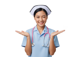A young asian female healthcare professional wearing a light blue uniform and stethoscope smiles brightly isolated on transparent background