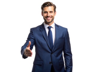 Smiling Businessman Presenting with Open Hand Gesture, Isolated on White Background