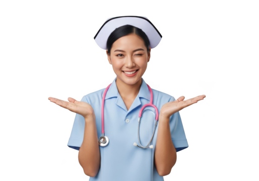 A young asian female healthcare professional wearing a light blue uniform and stethoscope smiles brightly isolated on transparent background