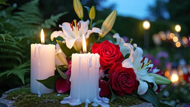 A floral arrangement of roses and lilies with lit candles on a mossy stone, evening lights