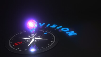 Creative Vision and Innovation Concept with Light Bulb and Compass. 3d illustration.