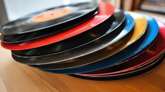Pile of colorful audio player LP vinyl records. Old-fashioned plastic music plates for turntable. Generative AI