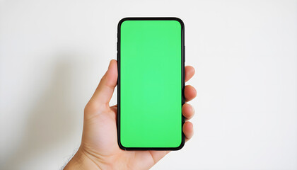 Hand holding mobile smartphone with blank green screen chroma key for mockup isolated on clean white studio background for business app display web interface presentation