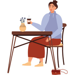 Woman drink coffee in cafe sit at table vector