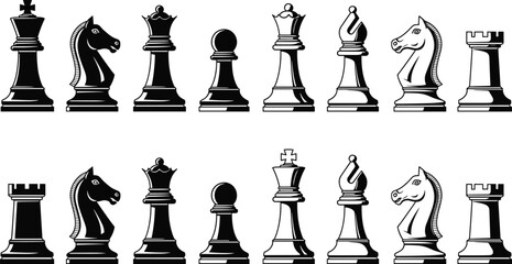 Chess piece vector set, black and white icons, strategic board game elements, king queen rook knight bishop pawn, classic design collection © Masuduzzaman