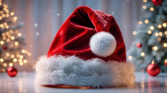 Christmas tree made of green confetti with santa hat on top against . Generated with AI.