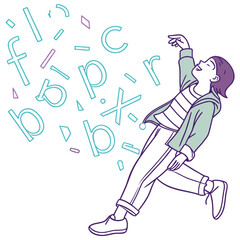 A young boy reaches for floating letters in a whimsical illustration