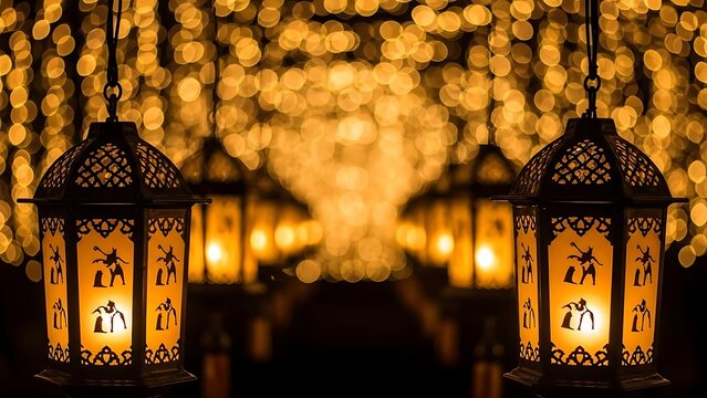 Elegant Hanging Lanterns Illuminating a Warm Festive Atmosphere with Bokeh Light Backgrounds for Holiday and Celebration Themes