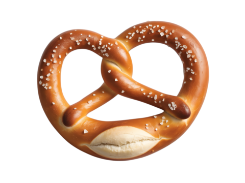 Freshly baked traditional soft pretzel with coarse salt isolated on transparent background