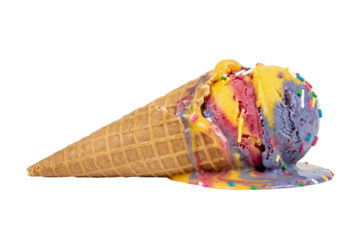 Melting ice cream cone with vibrant pink scoop