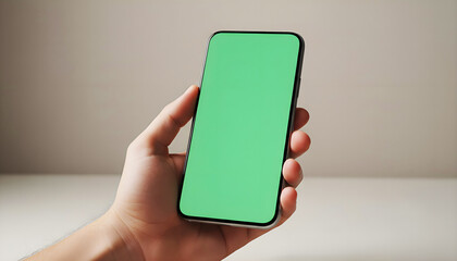 Hand holding mobile smartphone with blank green screen chroma key for mockup in minimalist neutral beige studio background for business app display design web presentation