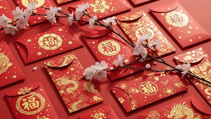 Fototapeta premium Elegant Red Chinese New Year Envelopes with Golden Dragon Motifs and Cherry Blossom Decor for Festive Celebrations