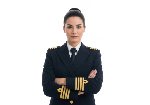 Professional female airline pilot in uniform with crossed arms standing confidently isolated on transparent background