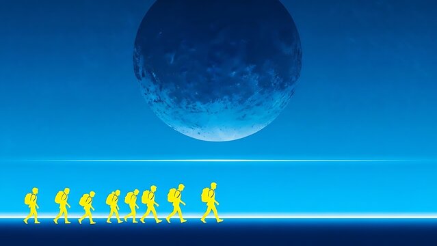 Group of yellow figures walking toward a large blue planet