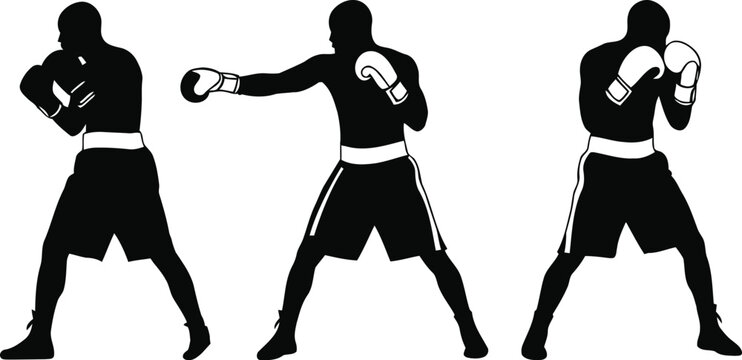 Three boxer silhouettes in different fighting stances on white background