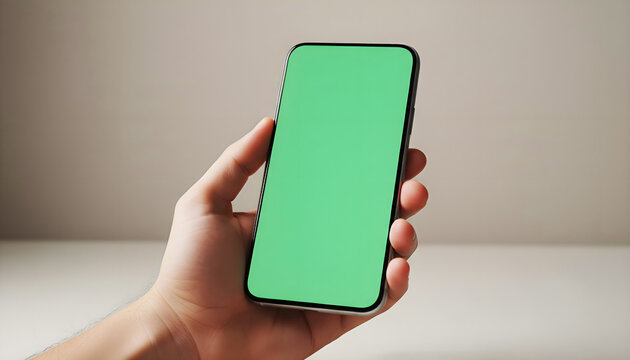 Hand holding mobile smartphone with blank green screen chroma key for mockup in minimalist neutral beige studio background for business app display design web presentation