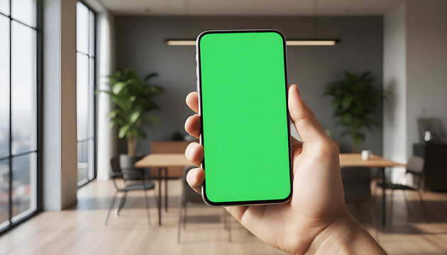 Hand holding mobile smartphone with blank green screen chroma key for mockup in modern dining room interior with wooden table chairs and window background for home design app display