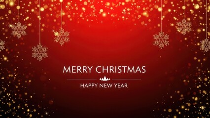 Elegant merry christmas and happy new year background with golden snowflakes and bokeh lights on red