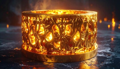 Intricate Golden Artifact Glowing with Intense Orange Firelight on a Dark Textured Surface with Sparks Flying Upward