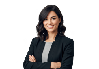 Professional woman with dark wavy hair smiling confidently with arms crossed isolated on transparent background