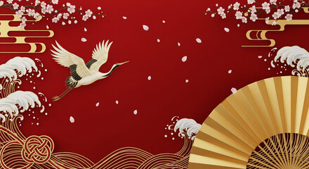 Japanese cranes and cherry blossoms with transparent background