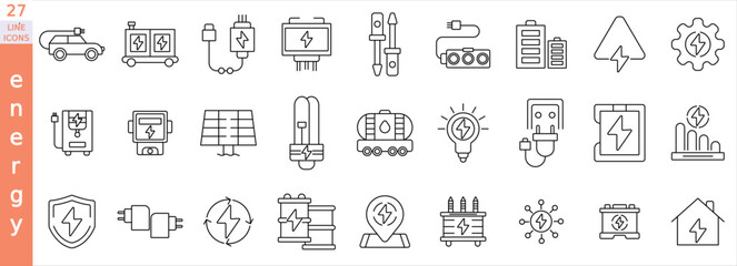 Electricity, electrical energy icon set. Contains icons Electric power line, light, light bulb and electrical equipment.